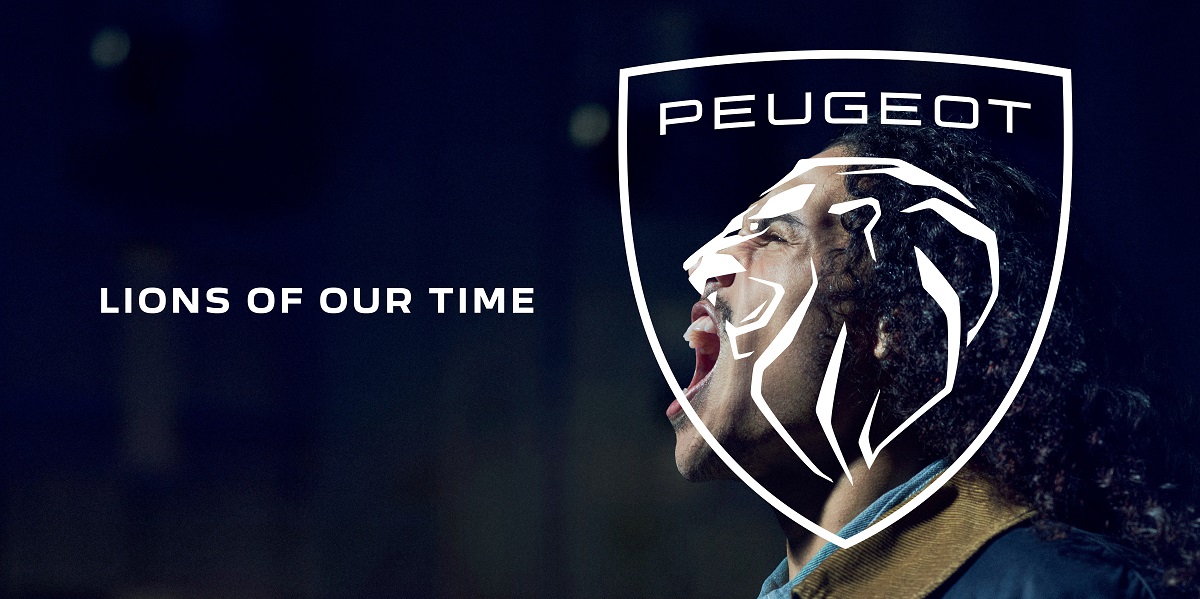Peugeot's new logo of a lion's head over the face of a man roaring like a lion.
