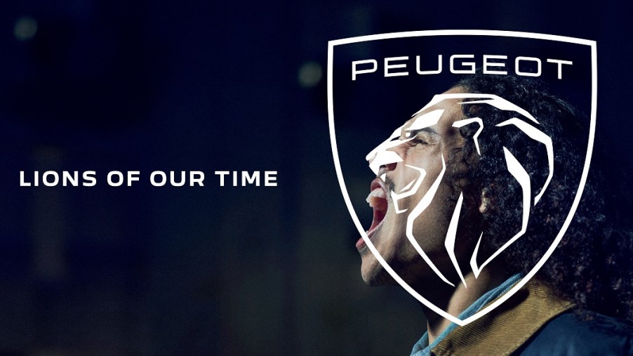 Peugeot's new logo of a lion's head over the face of a man roaring like a lion.