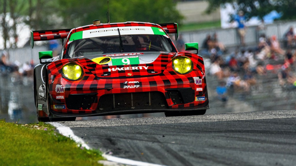 The #9 Porsche 911 GT3 R of Pfaff Racing at Road America in 2021.