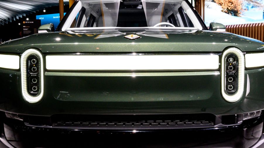 Front grille of a green Rivian R1S