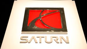 A Saturn logo sign at the Chicago Auto Show