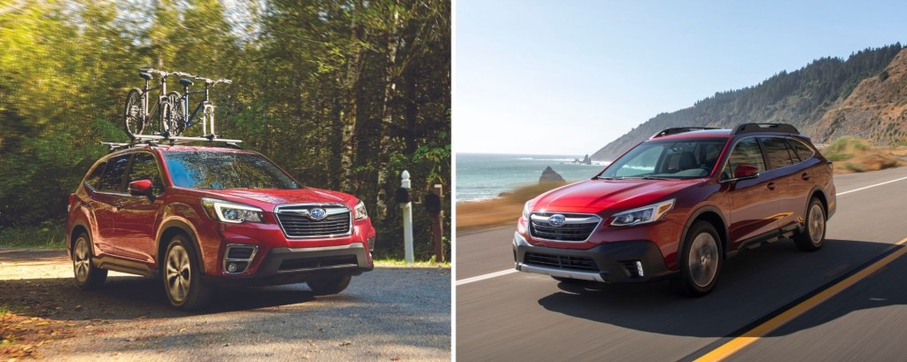 A Subaru Forester with a bike rack in a forest and and a Subaru Outback driving on a highway near the sea