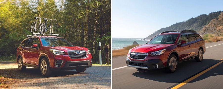A Subaru Forester with a bike rack in a forest and and a Subaru Outback driving on a highway near the sea