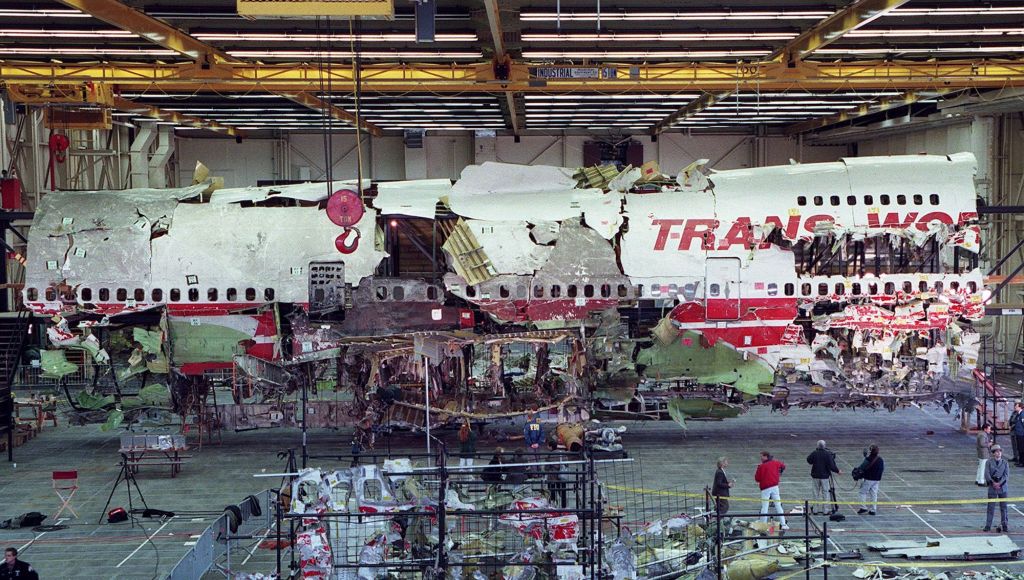 Wreckage of the front portion of TWA Flight 800 Boeing 747 aircraft is displayed in its reconstructed state in Calverton, Long Island, New York