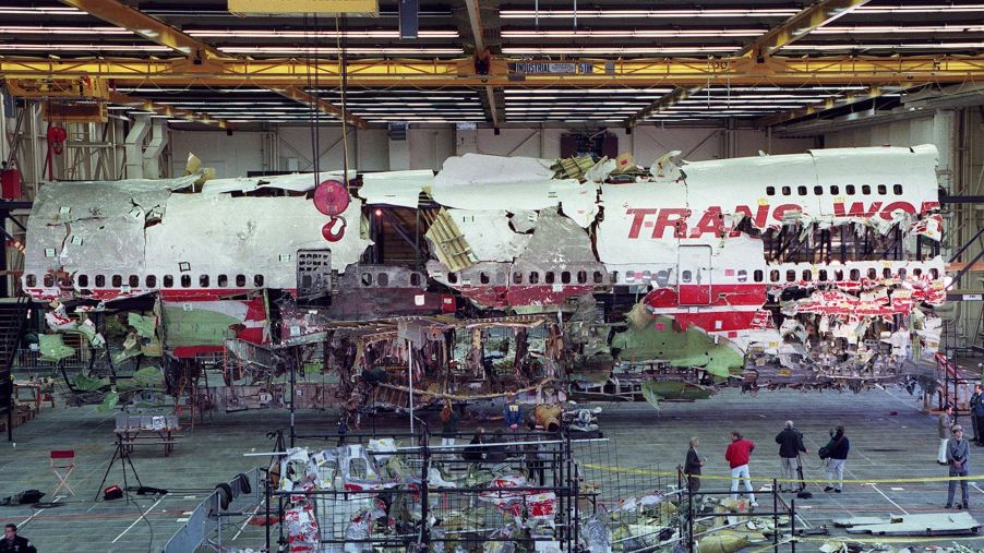 Wreckage of the front portion of TWA Flight 800 Boeing 747 aircraft is displayed in its reconstructed state in Calverton, Long Island, New York
