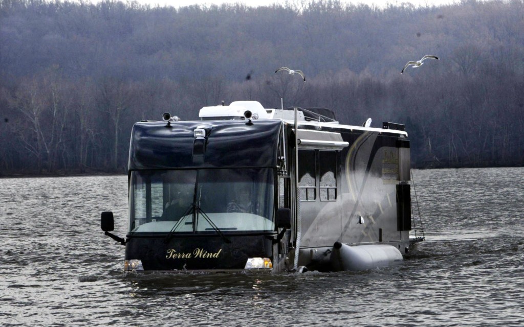 The Terra Wind amphibious motorcoach RV model traveling through water