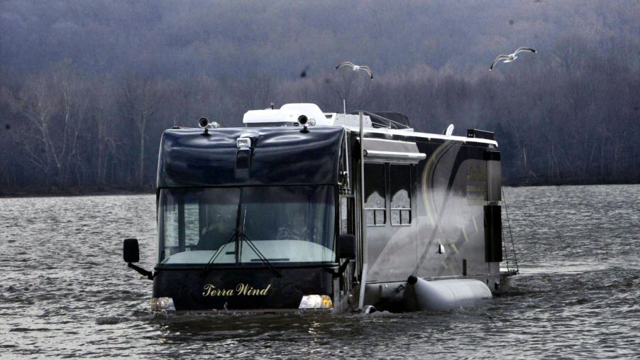 The Terra Wind amphibious motorcoach RV model traveling through water