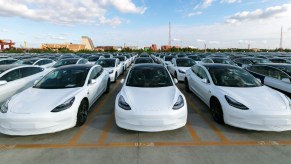 Tesla China-made Model 3 vehicles which will be exported to Europe at Waigaoqiao port in Shanghai, east China, Oct. 19, 2020.