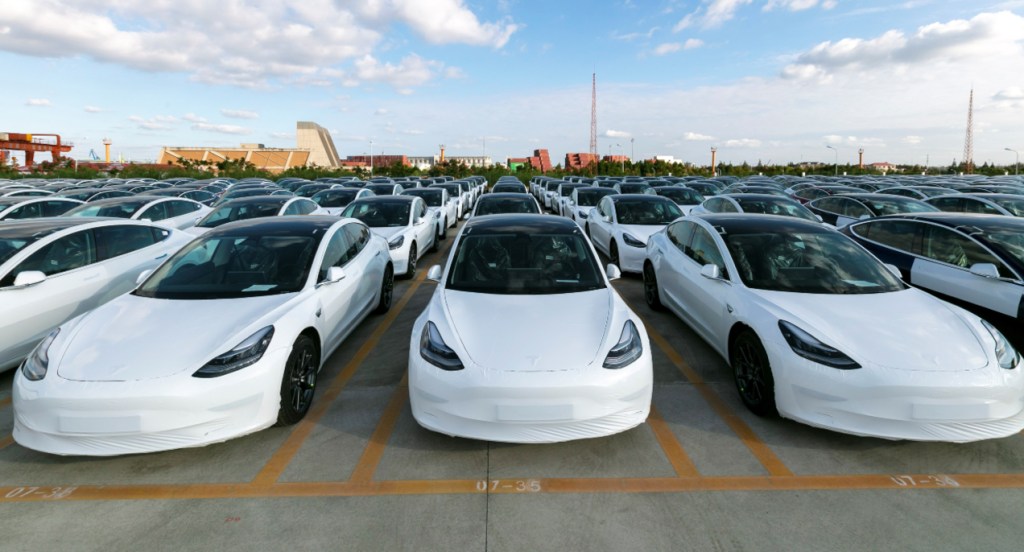 Tesla China-made Model 3 electric vehicles which will be exported to Europe at Waigaoqiao port in Shanghai, east China, Oct. 19, 2020.