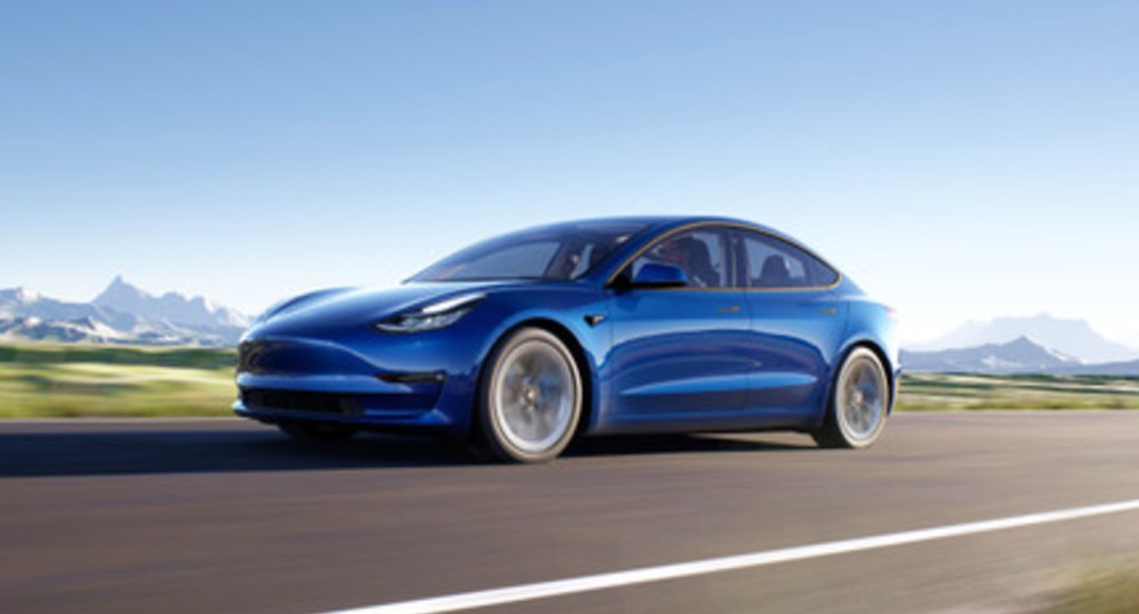 A blue Tesla Model 3.
