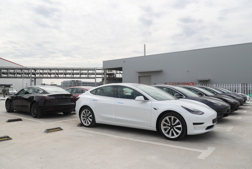 Tesla Model 3 EVs at the automaker's gigafactory in Shanghai, China, on October 26, 2020