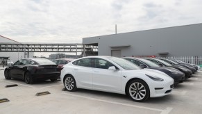 Tesla Model 3 EVs at the automaker's gigafactory in Shanghai, China, on October 26, 2020