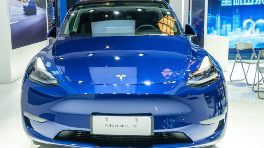 A Tesla Model Y car is displayed at the 8th China (Shanghai) International Technology Import and Export Fair in Shanghai, China, April 16, 2021.