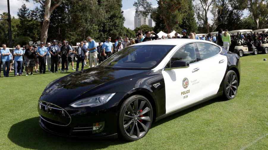 An LAPD Tesla Model S P85D model at the 44th annual Los Angeles Police Memorial Foundation Celebrity Golf Tournament