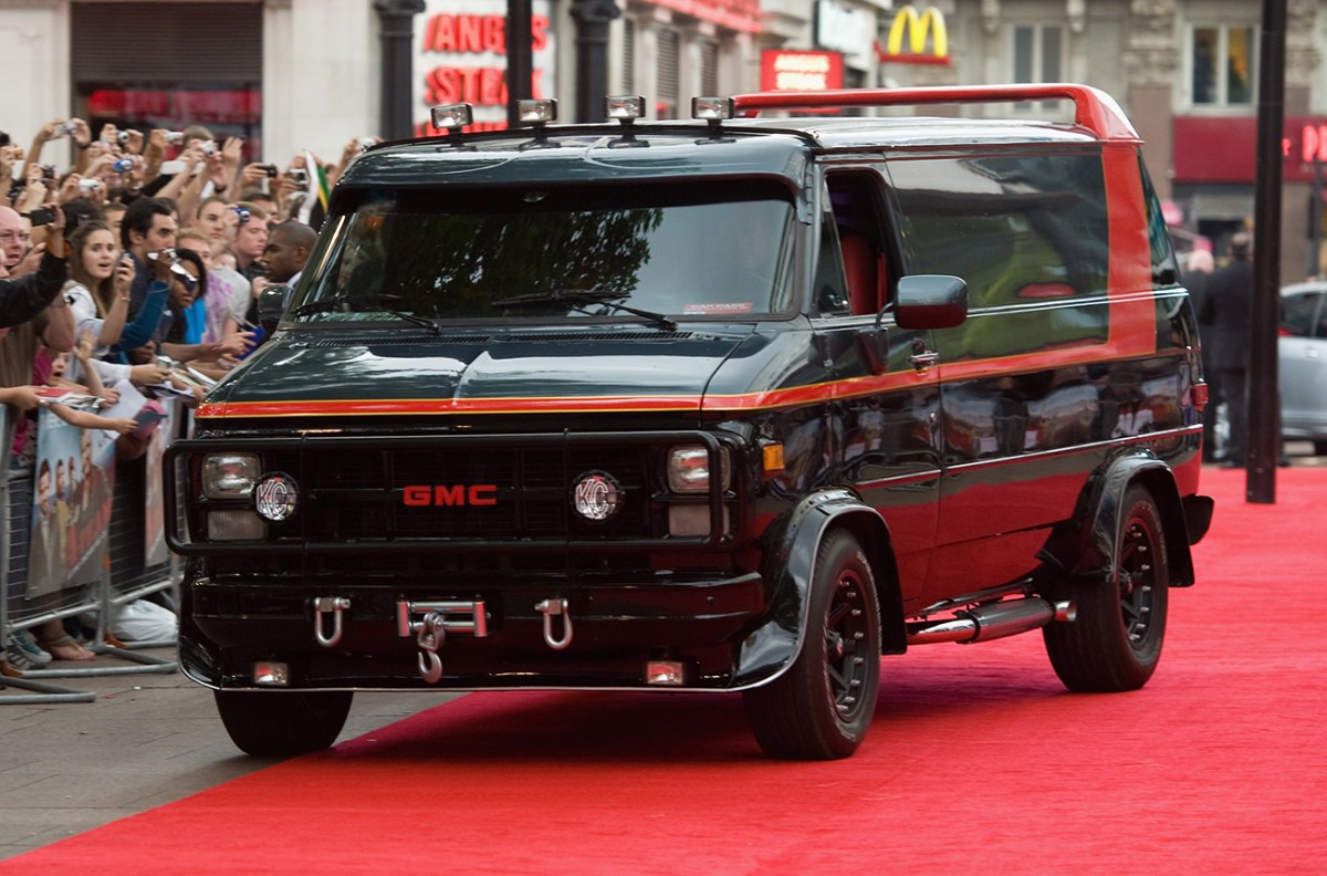 The 'A-Team' Van parked on a red carpet at a premiere event.