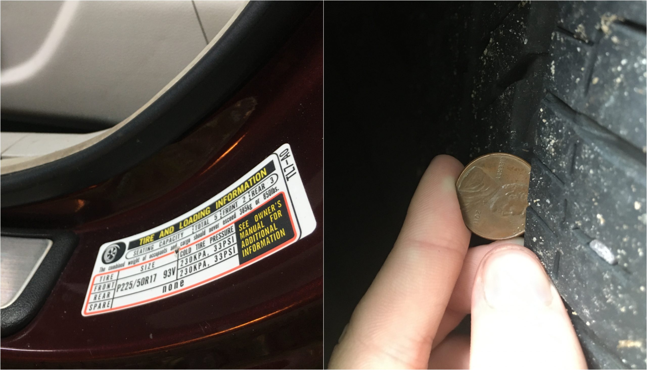 Tire Pressure Sticker On Driver's Side Door:Checking Tire Tread With A Penny