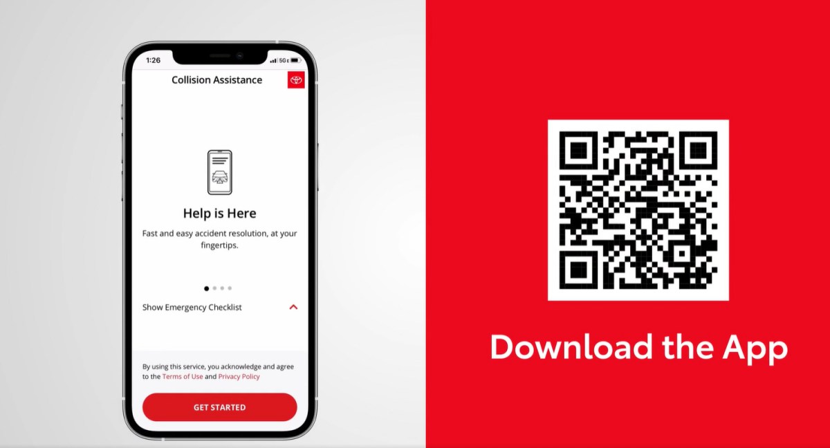 The Toyota Collision Assistance app as seen on a smartphone device with a QR code to the right.