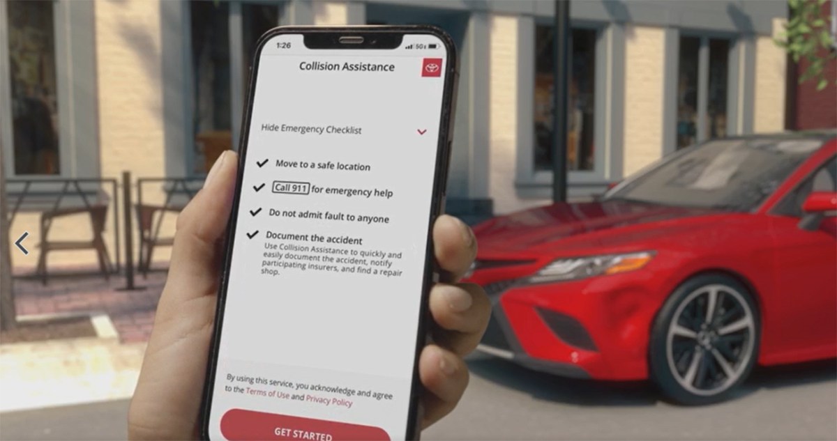The Toyota Collision Assistance app on an Apple iPhone