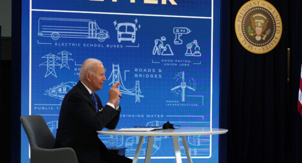 U.S. President Joe Biden participates in a virtual meeting on Infrastructure Investment and Jobs Act.