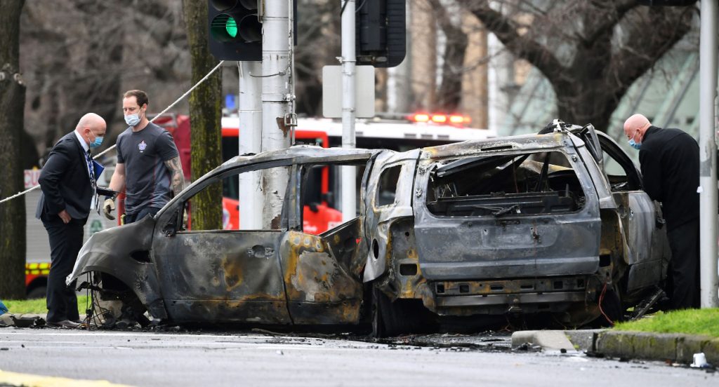 Car crashed and burst into flames. 