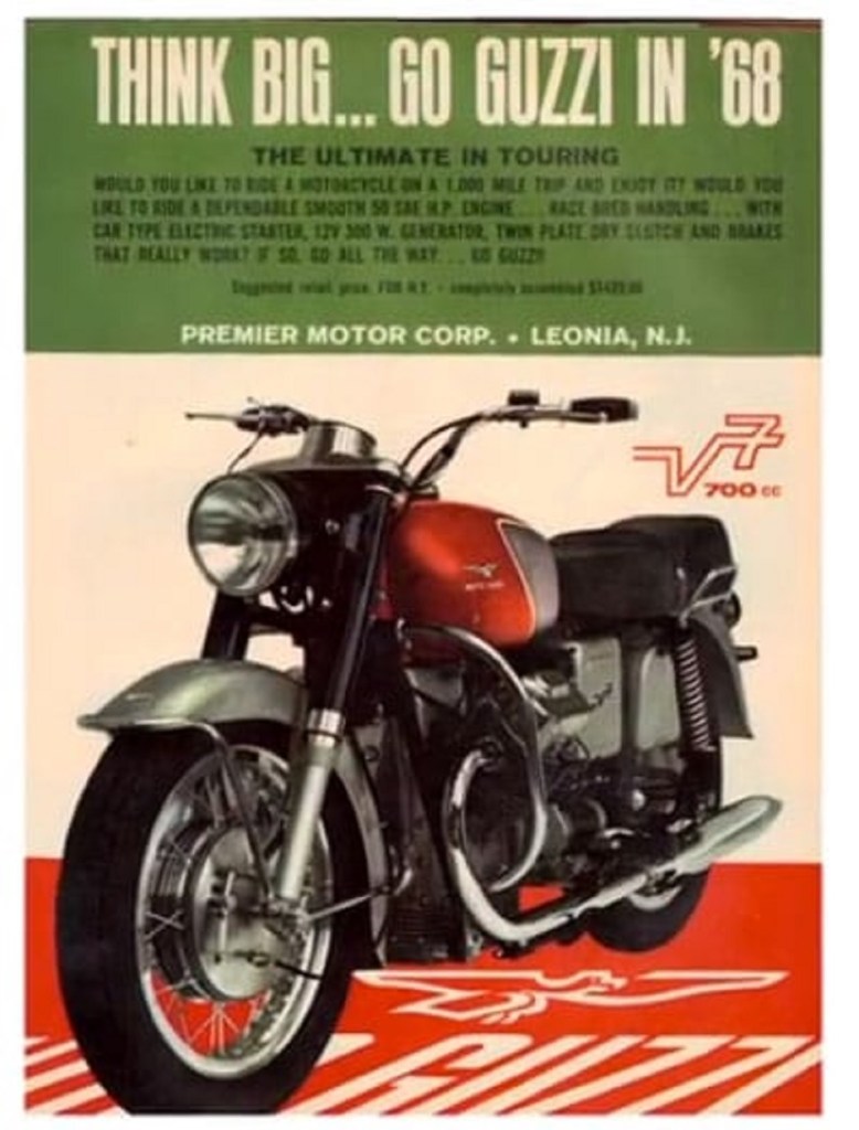 A vintage Moto Guzzi Ambassador V750 motorcycle ad showing a red-and-chrome Ambassador