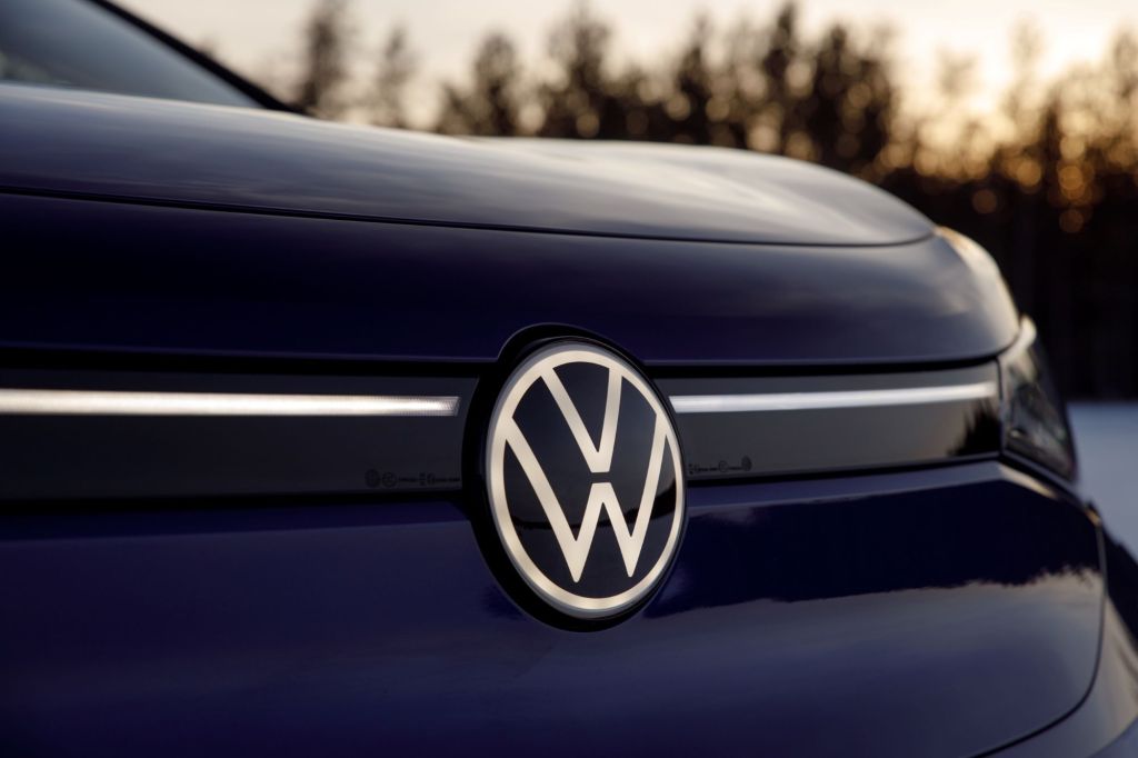 The front end and VW logo of the 2021 Volkswagen ID.4 EV SUV