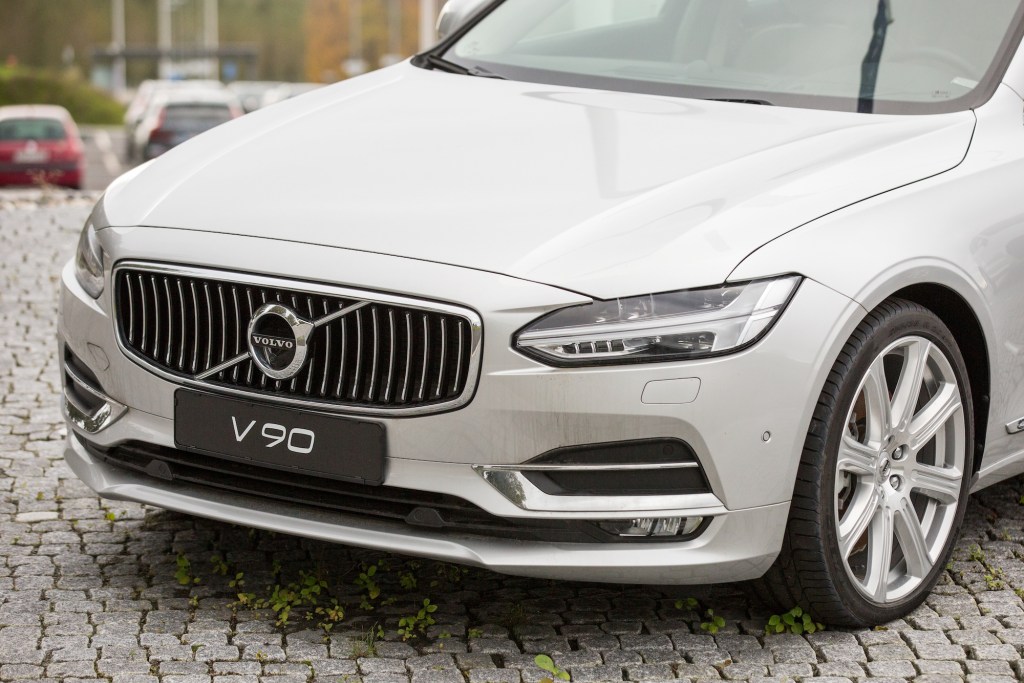 A white Volvo V90 luxury car is parked at the Volvo Car Corporation headquarters in Gothenburg, Sweden. Volvo is changing the way it names its models.