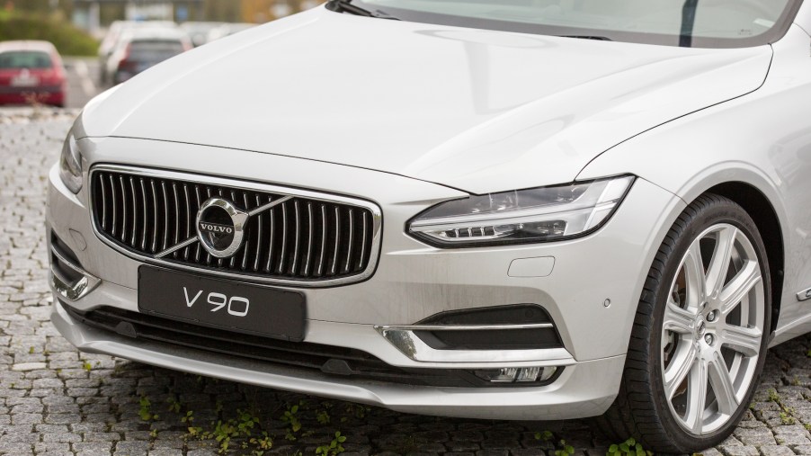 A white Volvo V90 luxury car is parked at the Volvo Car Corporation headquarters in Gothenburg, Sweden. Volvo is changing the way it names its models.
