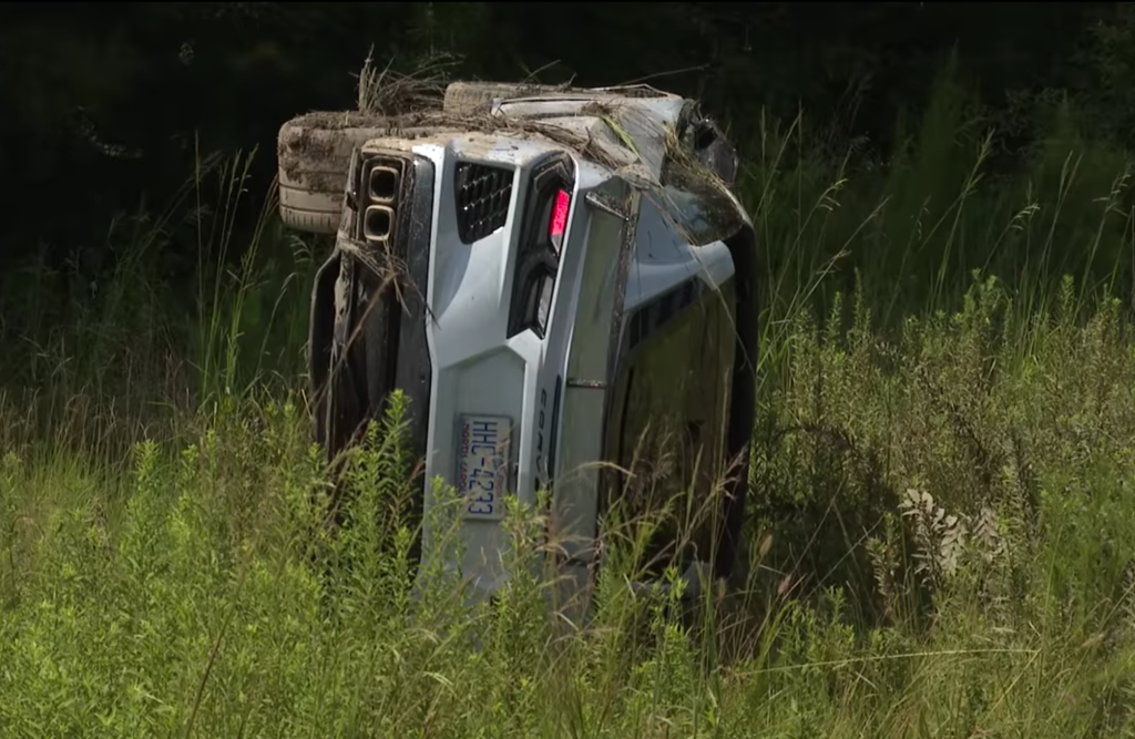 Wrecked 2020 Corvette sitting on its side