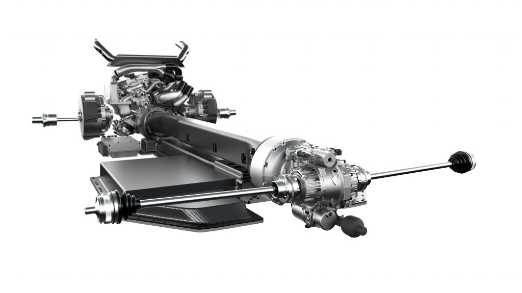 The chassis and driveline components, many of them carbon fiber, on the 2021 Koenigsegg Gemera