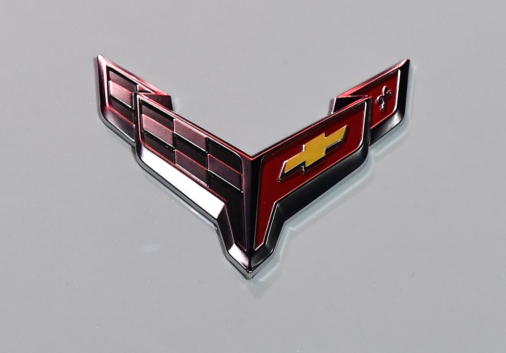The badge emblem from a c8 corvette, similar to the one driven by Emelia Hartford to break the 1/4 mile record