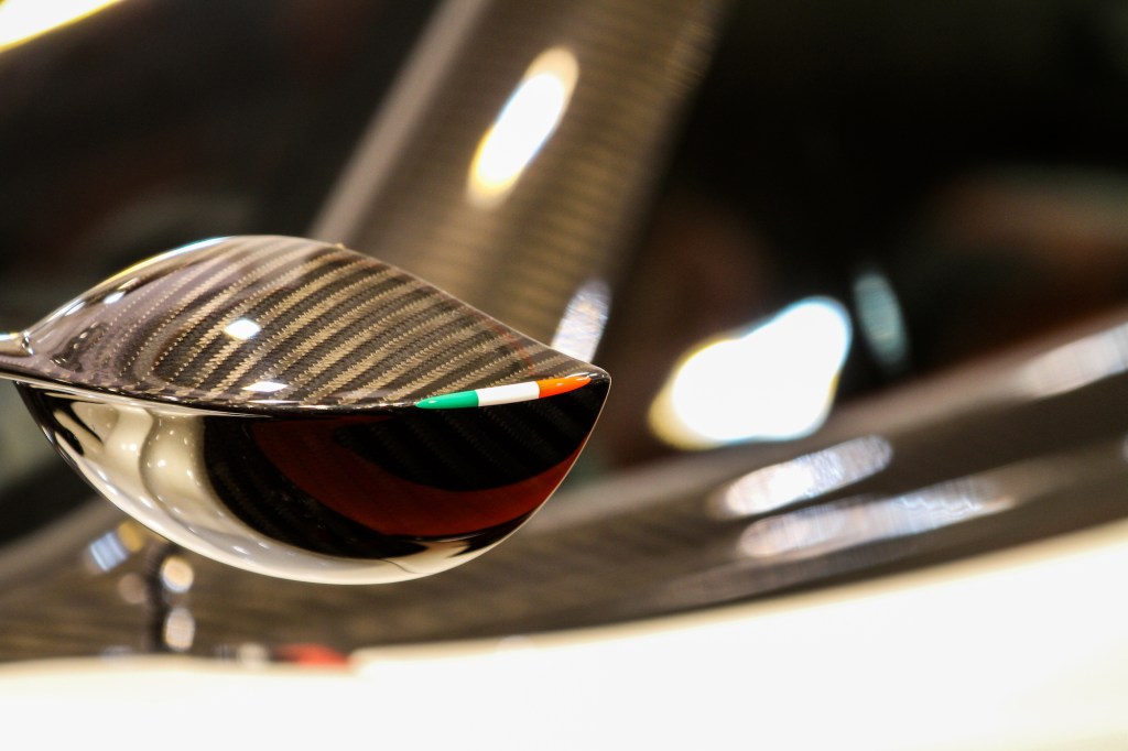 Wing mirror detail of a Bugatti sports car on display at the Essen Motor Show on December 1, 2017, in Essen, Germany.