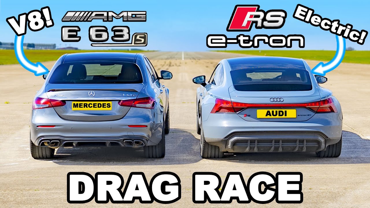 carwow feature graphic of an AMG E 62 S (left) lined up next to an Audi RS e-tron GT (right)