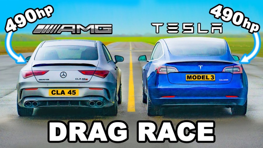 A Mercedes-AMG CLA 45 on the left next to a Tesla Model 3 Performance on the right.
