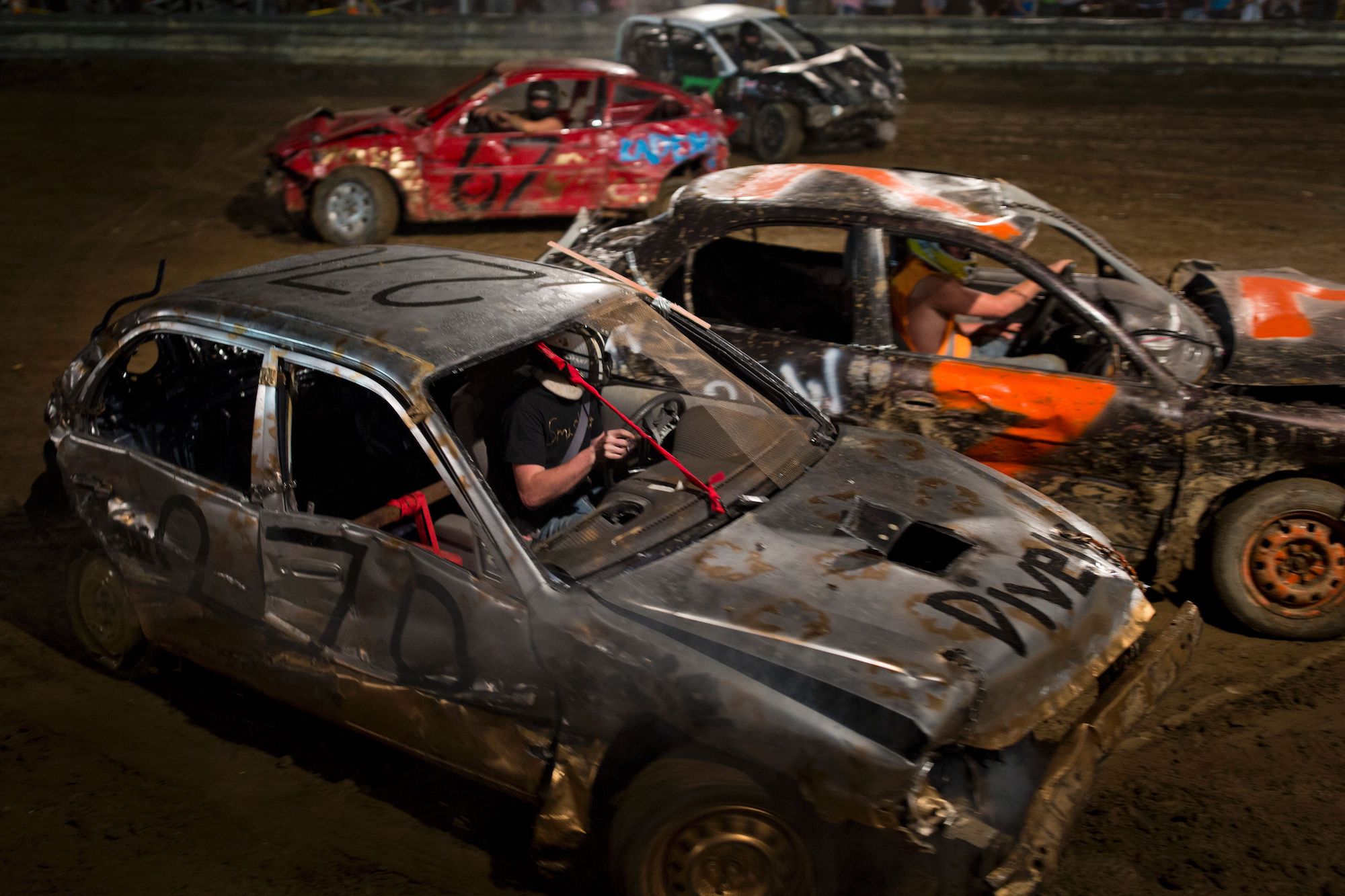 Drivers compete in a demolition derby at the Cambria County Fair on September 8, 2016, in Ebensburg, Pennsylvania