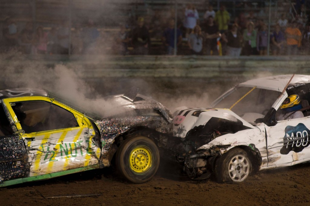 Two cars crash in a demolition derby at the Cambria County Fair in September 2016 in Ebensburg, Pennsylvania