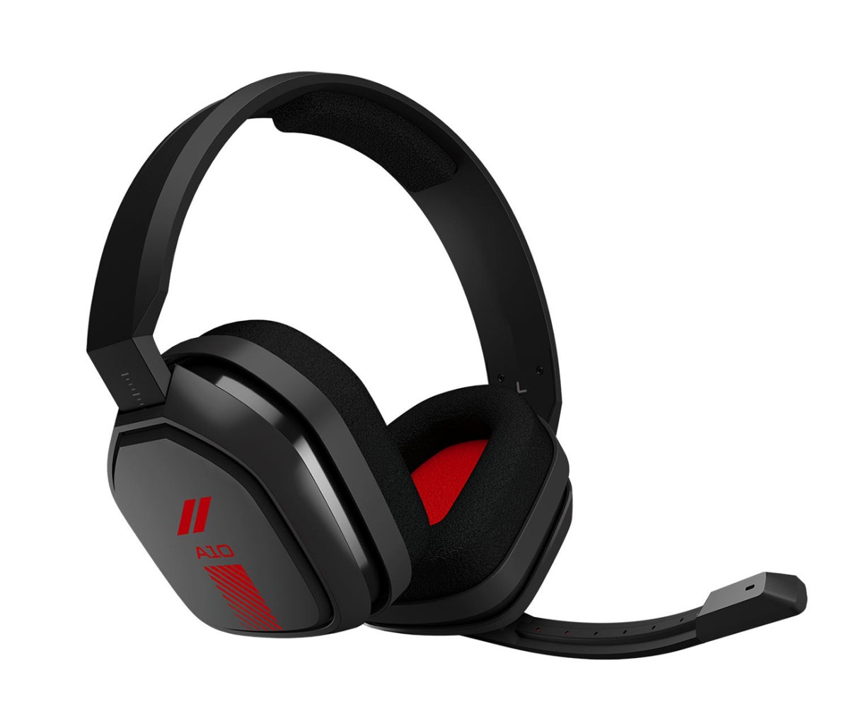 A grey plastic gaming headset with a red dodge logo on the side.