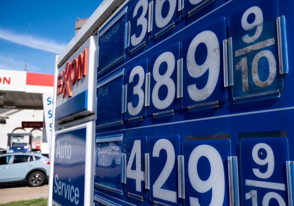 Gas prices displayed at an Exxon gas station on Capitol HIll in Washington on Monday, March 15, 2021