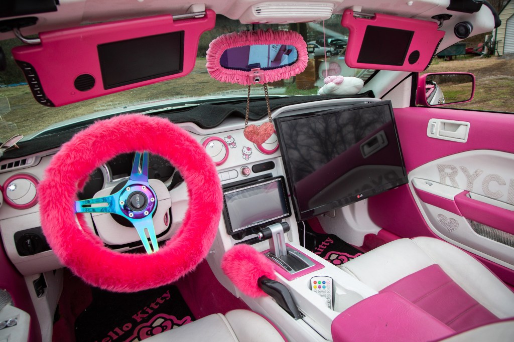 Pink decorations line the interior of the Hello Kitty Mustang, built by Nashville-native Takiyah Middleton