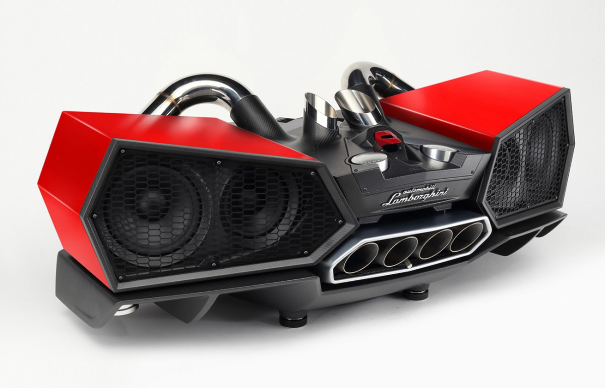 A red Lamborghini Bluetooth speaker featuring metal exhaust piping.