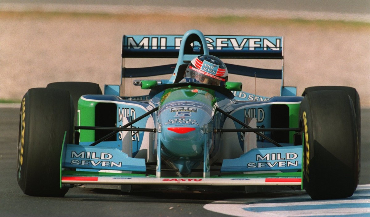 michael schumacher driving his benetton at the 1994 spanish grand prix