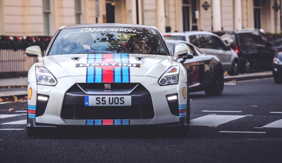 nissan gt-r with martini livery driving in london