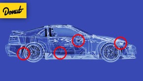 A blueprint of a Nissan 300ZX with red circles drawn over key areas