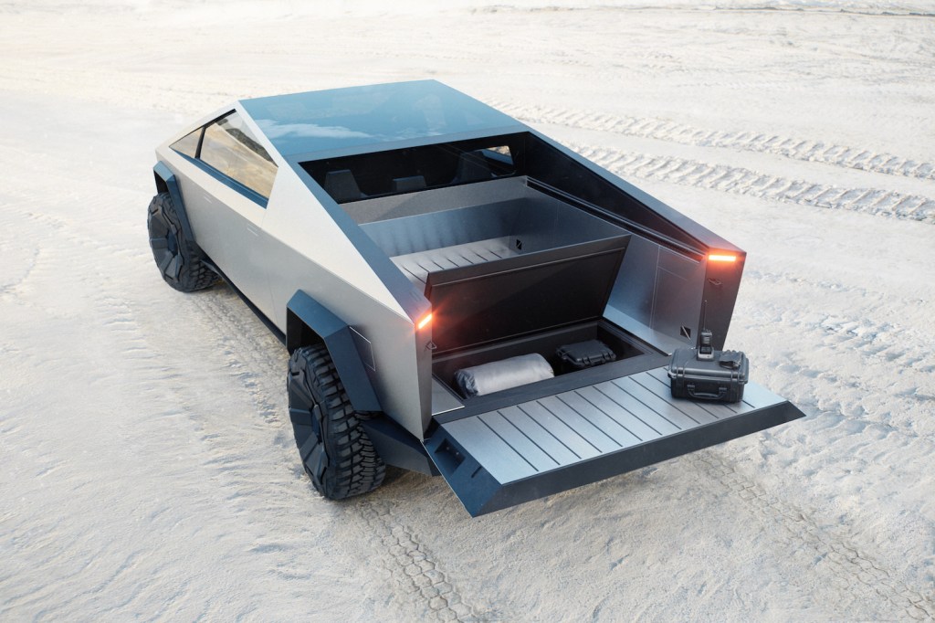 This is a publicity shot of the vault of the Tesla Cybertruck with a price under $40,000. The Ford Lightning offers similar value.