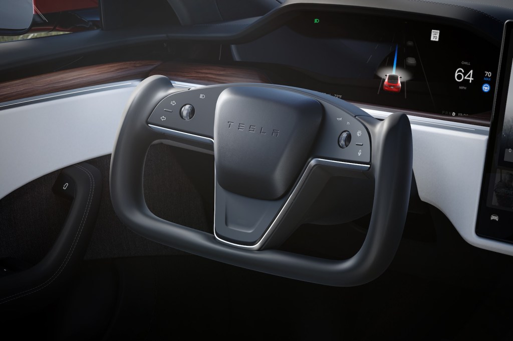 This is a steering yoke in a Tesla Model S Plaid, like Jay Leno owns. He loves his fast Tesla Model S Plaid, reviewers consider the $130,000 car a waste.