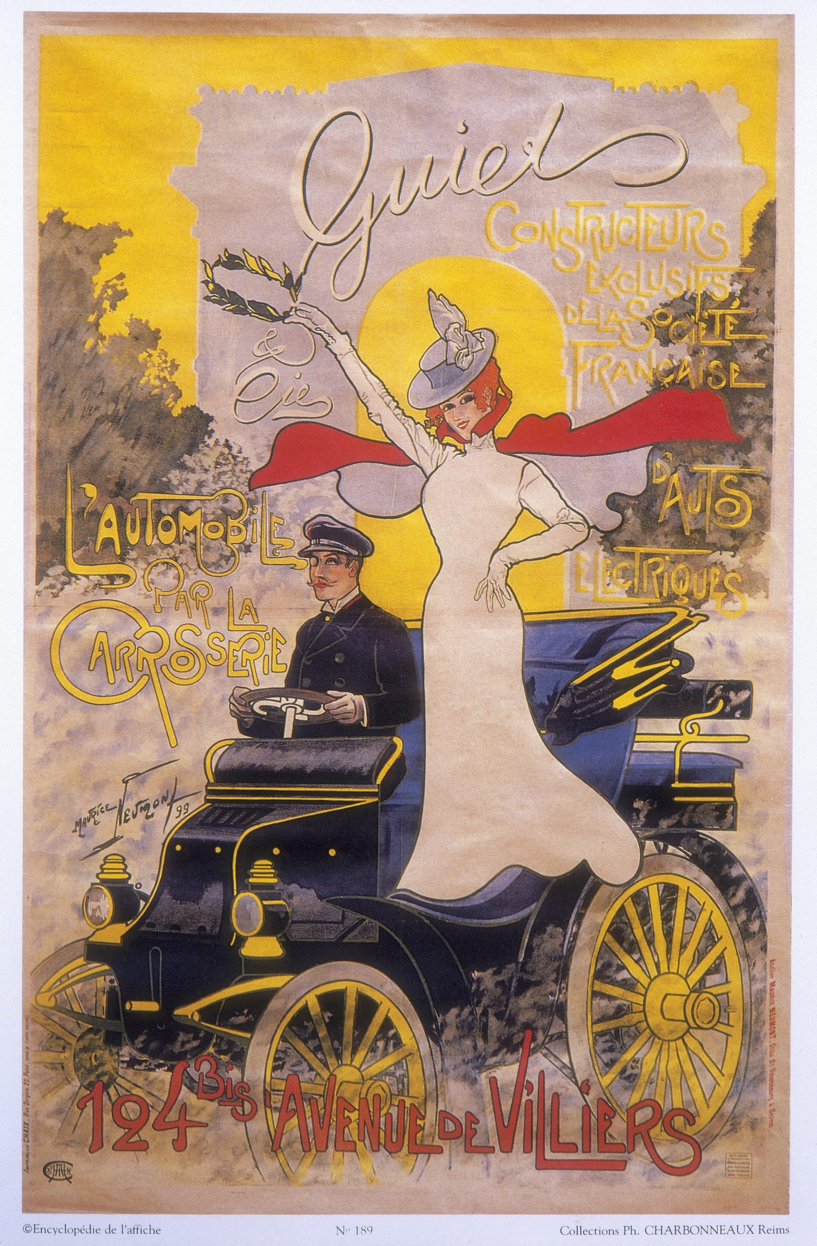 Poster advertising car coachwork, 1899. A smiling woman waves a laurel wreath from a car driven by a man with a monocle