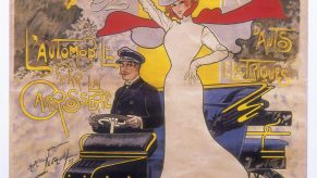 Poster advertising car coachwork, 1899. A smiling woman waves a laurel wreath from a car driven by a man with a monocle