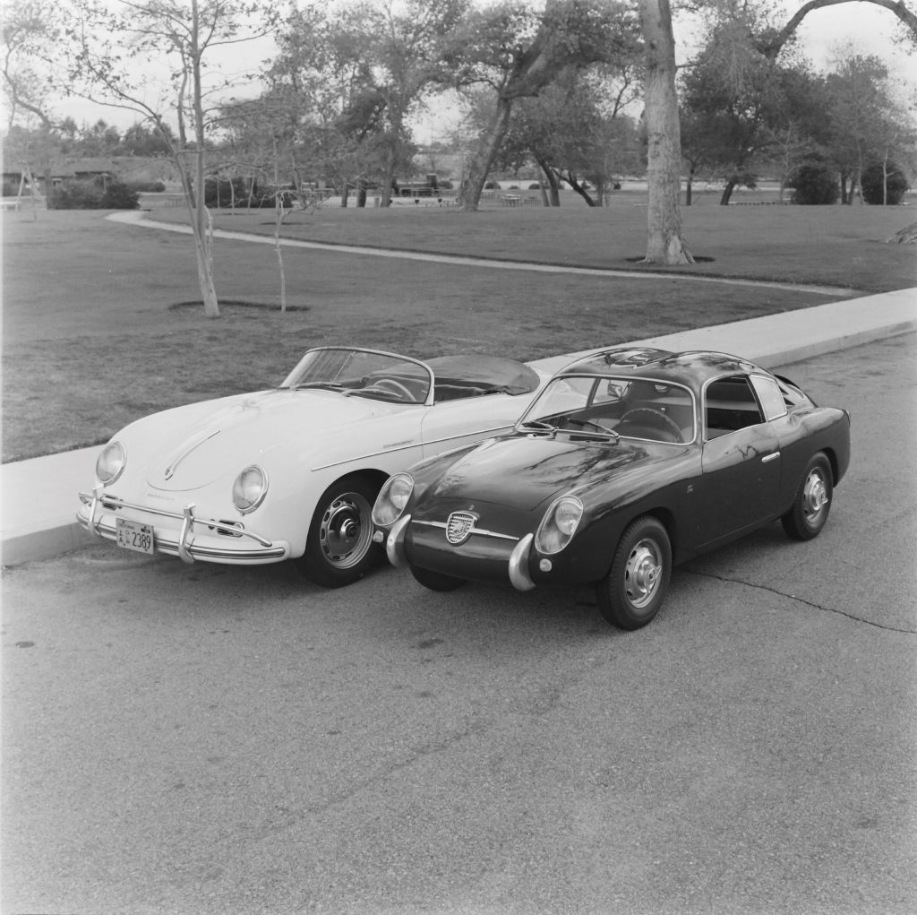 A 1958 Porsche 356 1600 SS next to a 1958 Fiat-Abarth 750 GT Zagato