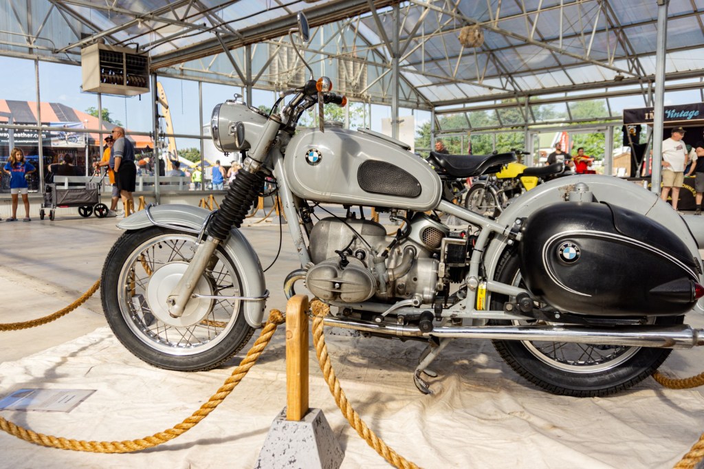 The left side view of a gray 1969 BMW R69S at IMS Outdoors Chicago 2021
