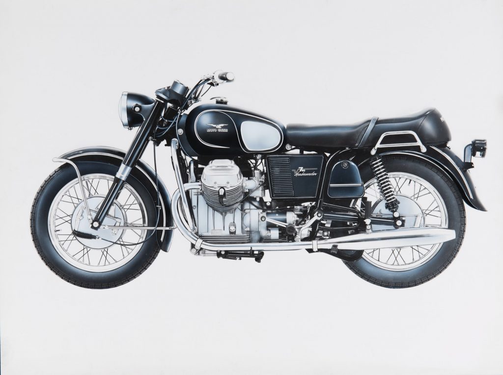 The side view of a black-and-white 1969 Moto Guzzi V750 Ambassador